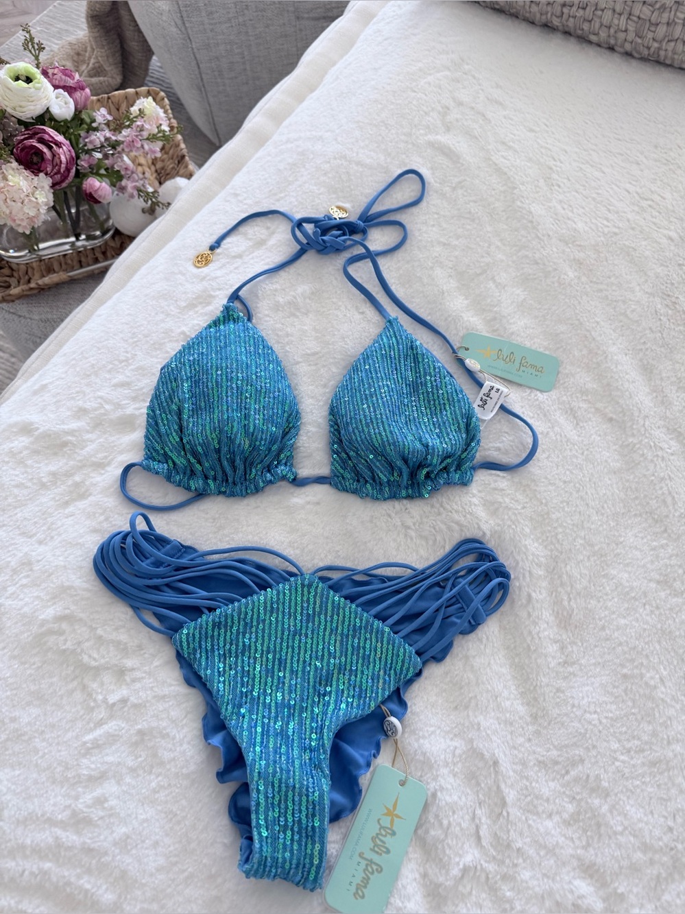 Luli Fama Sky Blue Sequined Multi-Strap Bikini
